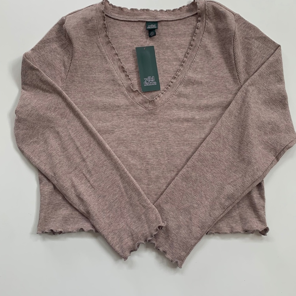 V neck Pink/Tan long sleeve crop top